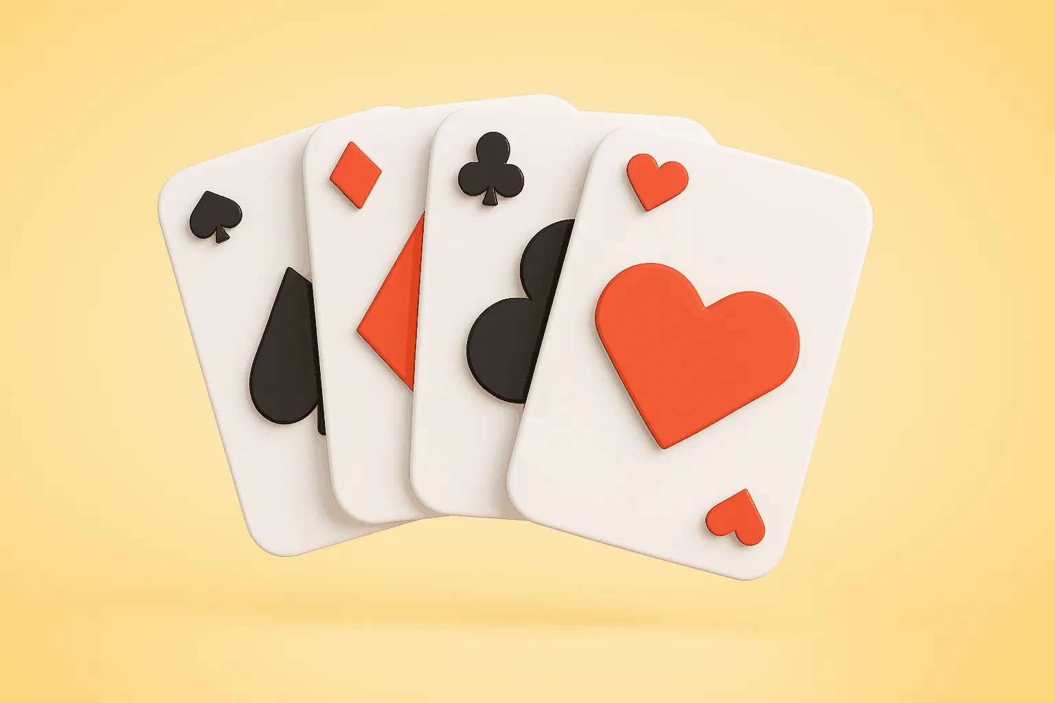 Vier Spielkarten mit Symbolen Pik, Karo, Kreuz und Herz